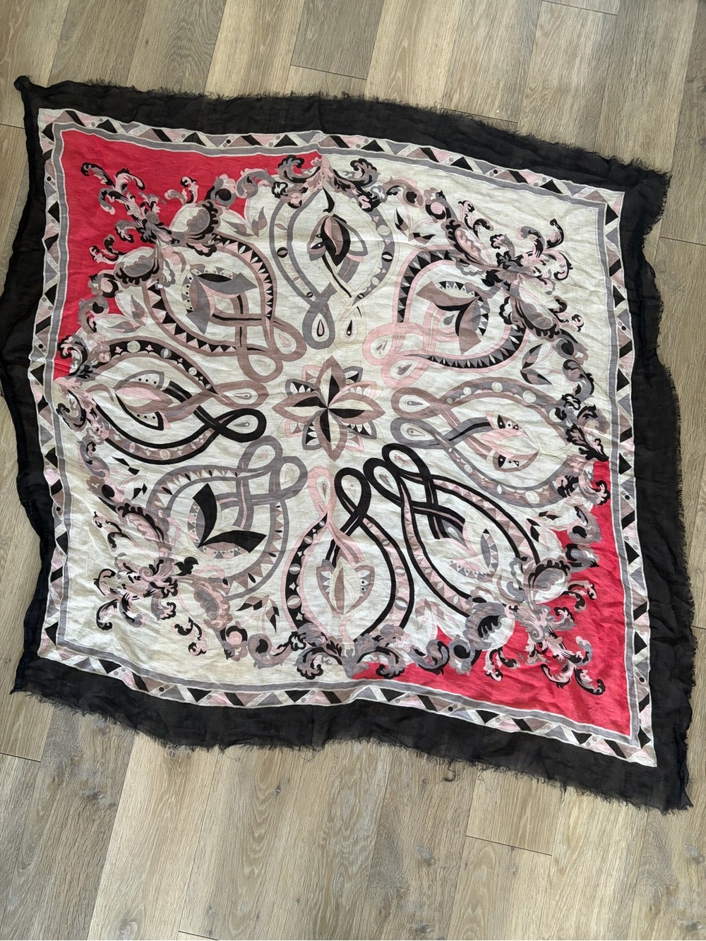 Emilio Pucci Black, Red & Pink Printed Silk Scarf